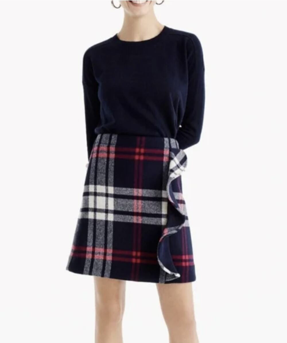 NWT J.Crew Women's Blue White Red Wool Blend Zipper Plaid Mini Skirt Size 000